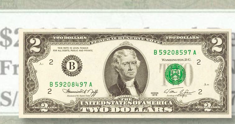 1976 $2 Bill, Mismatched Serial Numbers