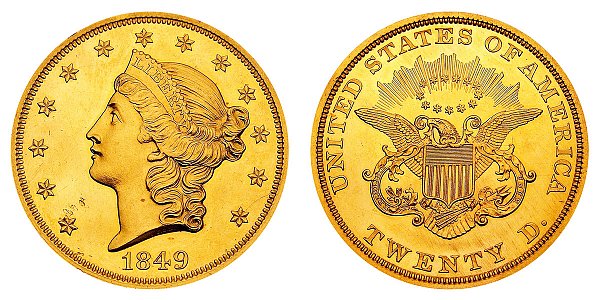 1849 "No Mint Mark" 20 Dollar Liberty Head Gold Coin