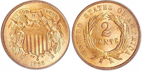 1865 "No Mint Mark" Two Cent Piece