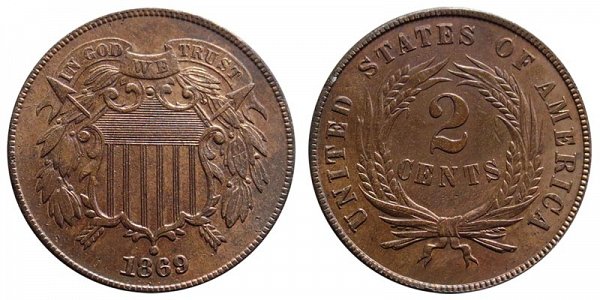 1869 "No Mint Mark" Two Cent Piece