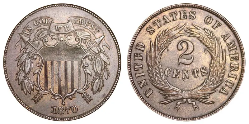 1870 "No Mint Mark" Two Cent Piece