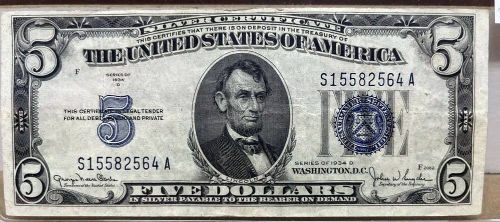 1934 A - D $5 Dollar Bill (Blue Seal)