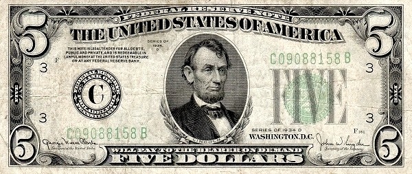 1934 A - D $5 Dollar Bill (Green Seal)